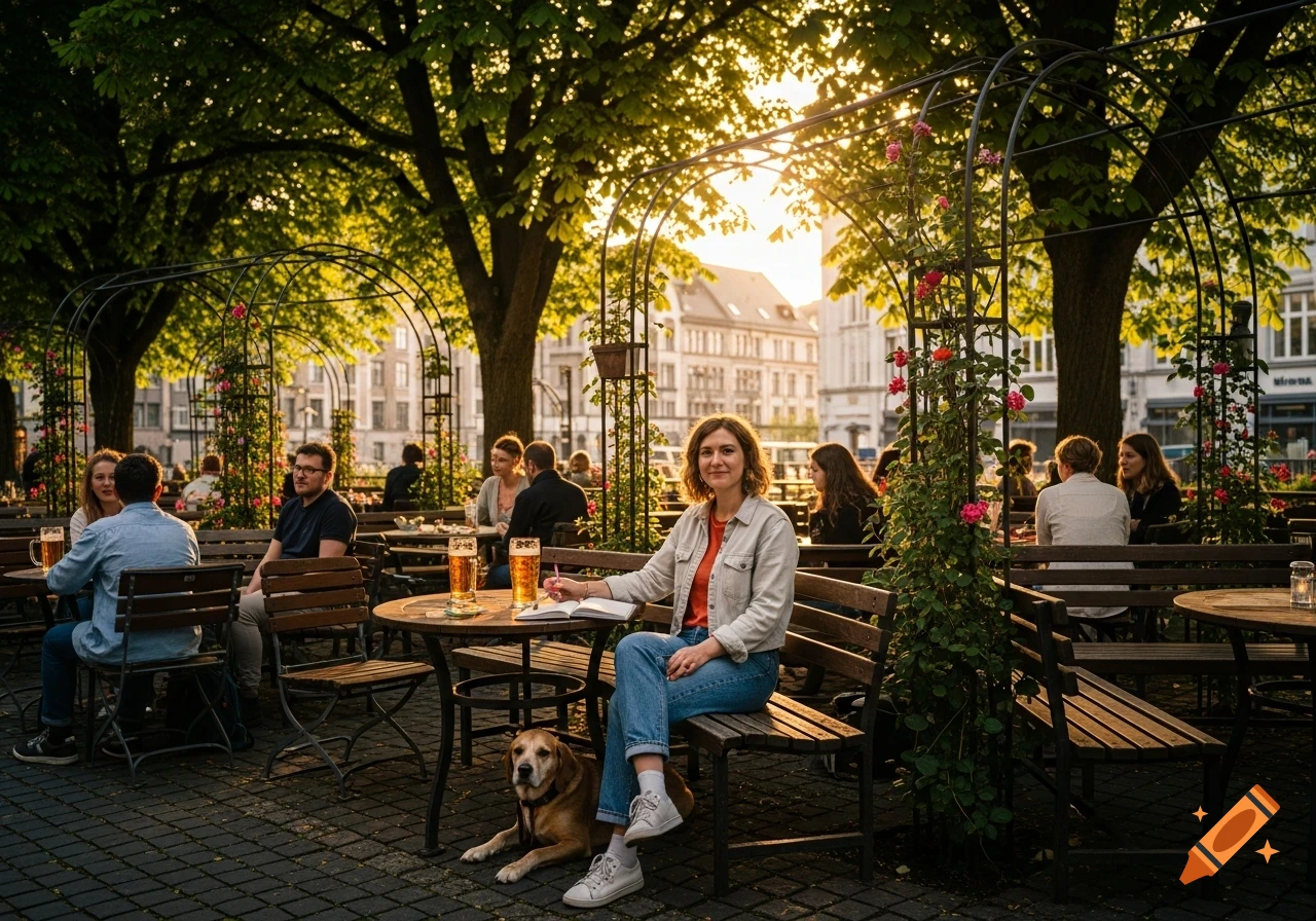 A woman with a dog sits at an outdoor beer garden during sunset, with other patrons, trees, and city buildings in the background.
