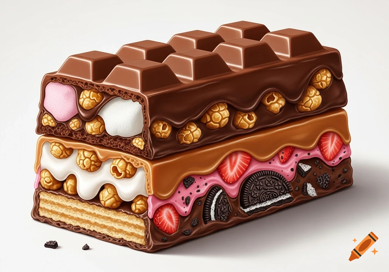 A cross-section of a decadent chocolate bar revealing layers of marshmallow, popcorn, strawberries, Oreos, and a vanilla wafer base.