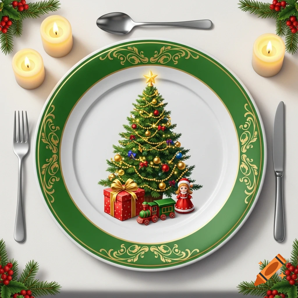A Christmas dinner plate featuring a decorated tree, red gift, toy train, and doll. It has a green and gold rim, surrounded by holly, candles, and silverware.