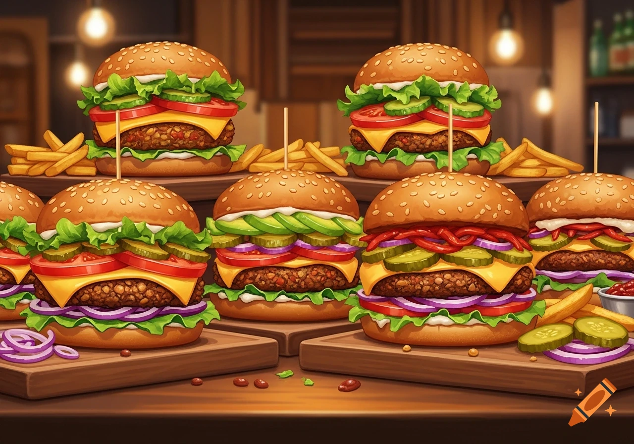 A vibrant illustration of many vegan burgers with various fresh toppings and french fries, displayed on wooden boards in a warm restaurant setting.