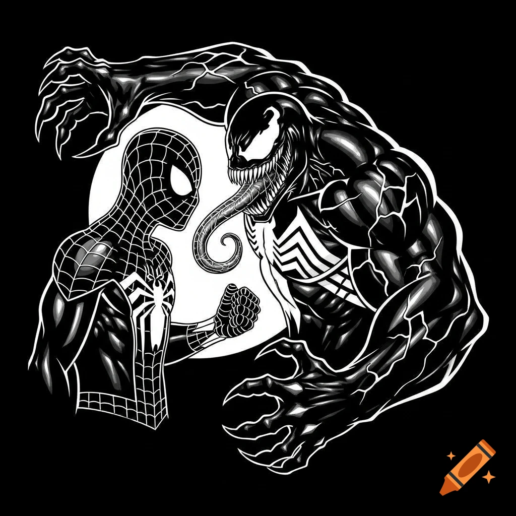 Black and white stencil illustration of Spider-Man and Venom facing off against a white circular background, Venom's tongue out.