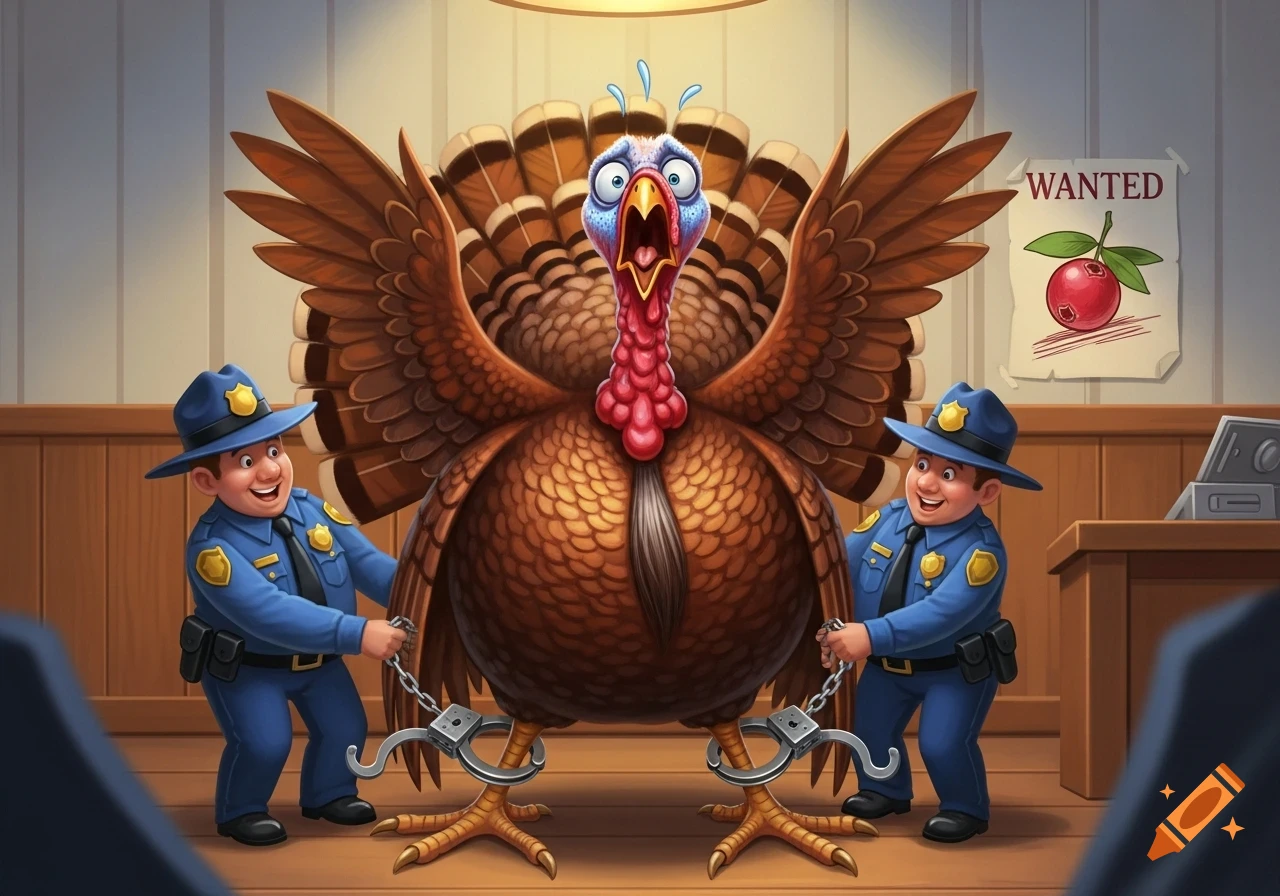 A cartoon turkey is being handcuffed by two smiling police officers, with a 'WANTED' poster for a cranberry behind it.
