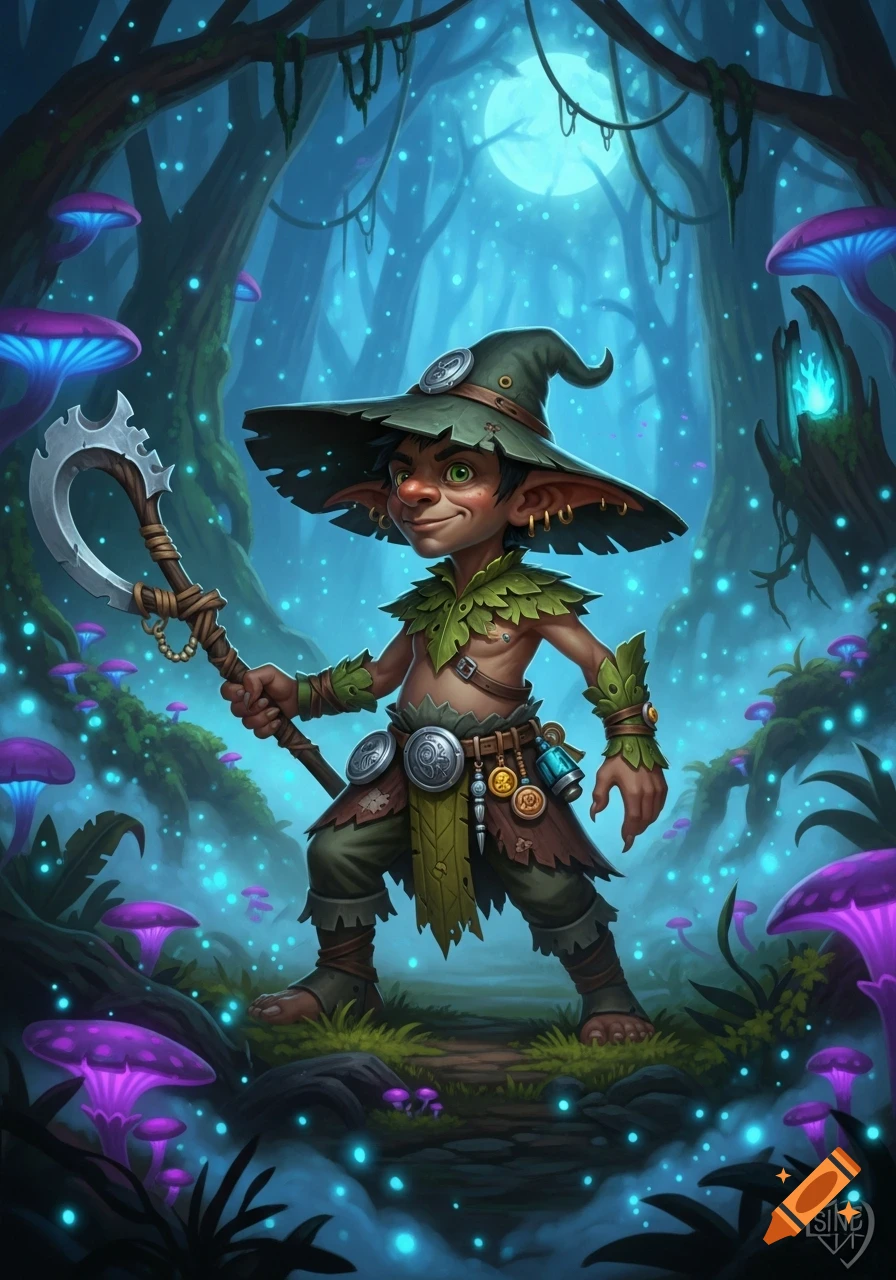 A cartoonish goblin with a large hat and axe stands in a glowing magical forest with purple mushrooms under a full moon.