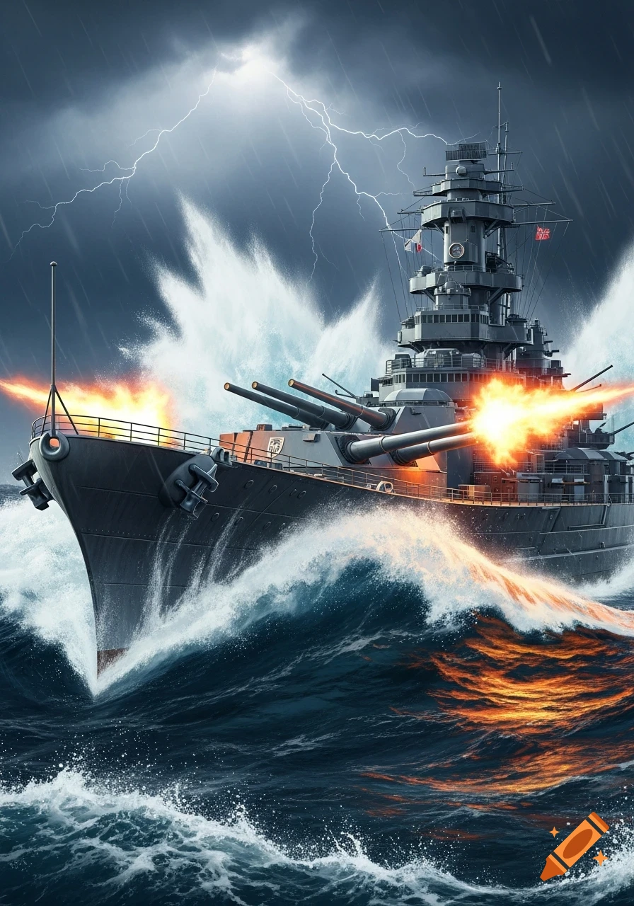 A dramatic shot of a battleship firing its guns amidst massive waves and lightning during a stormy sea battle.