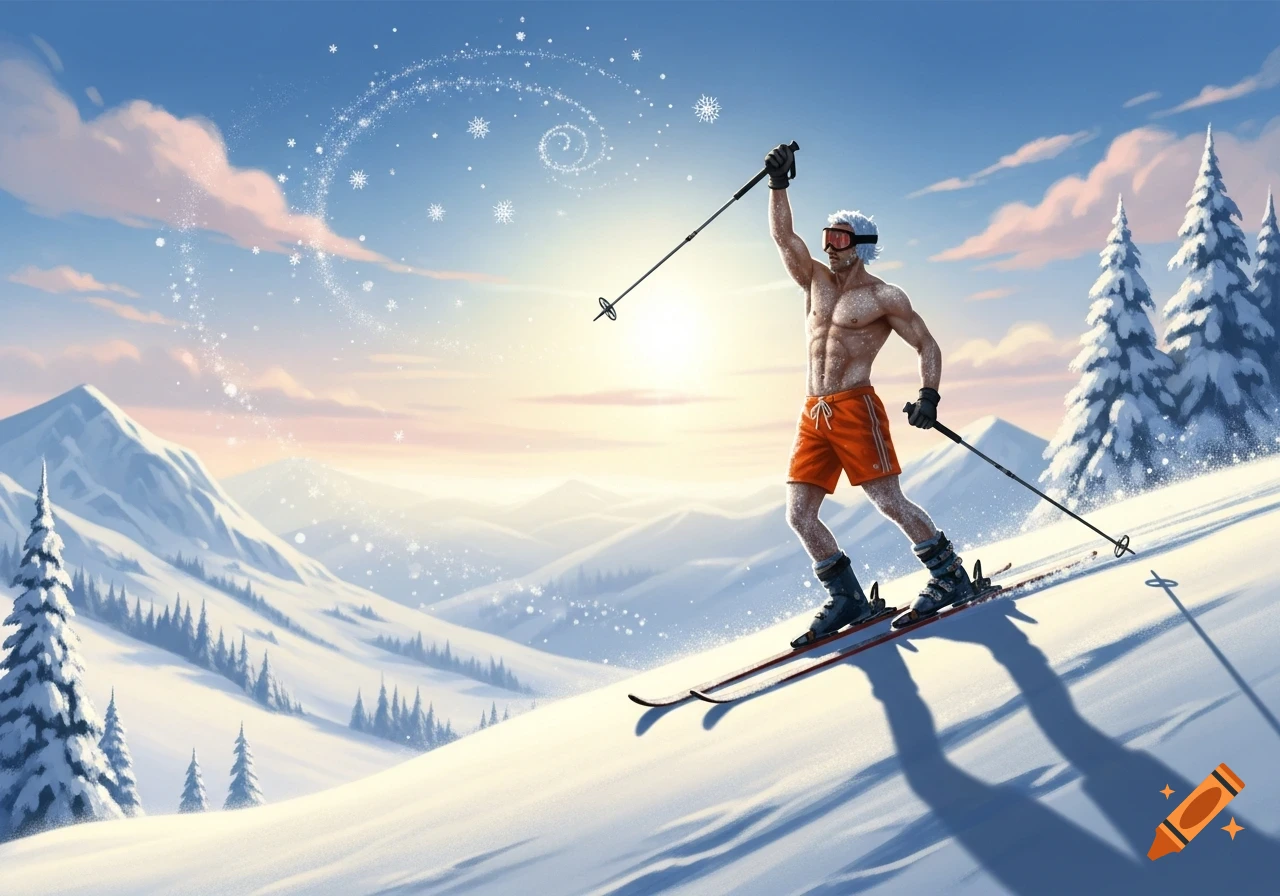 Shirtless muscular man in orange shorts skis down a sunny, snowy mountain slope, raising a ski pole in triumph, with snow-covered trees.