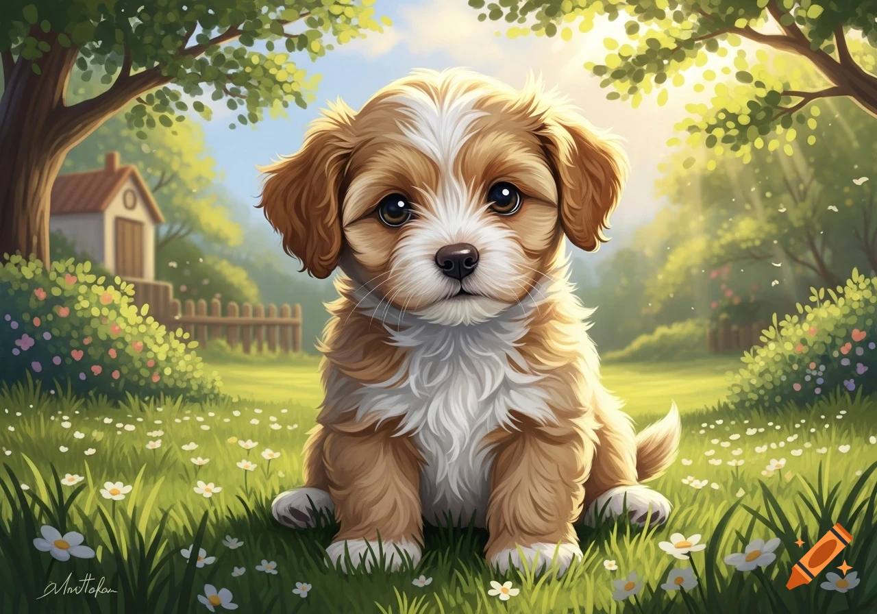 A cute fluffy brown and white puppy sits in a sunny green field with white flowers and trees in an illustrated style.