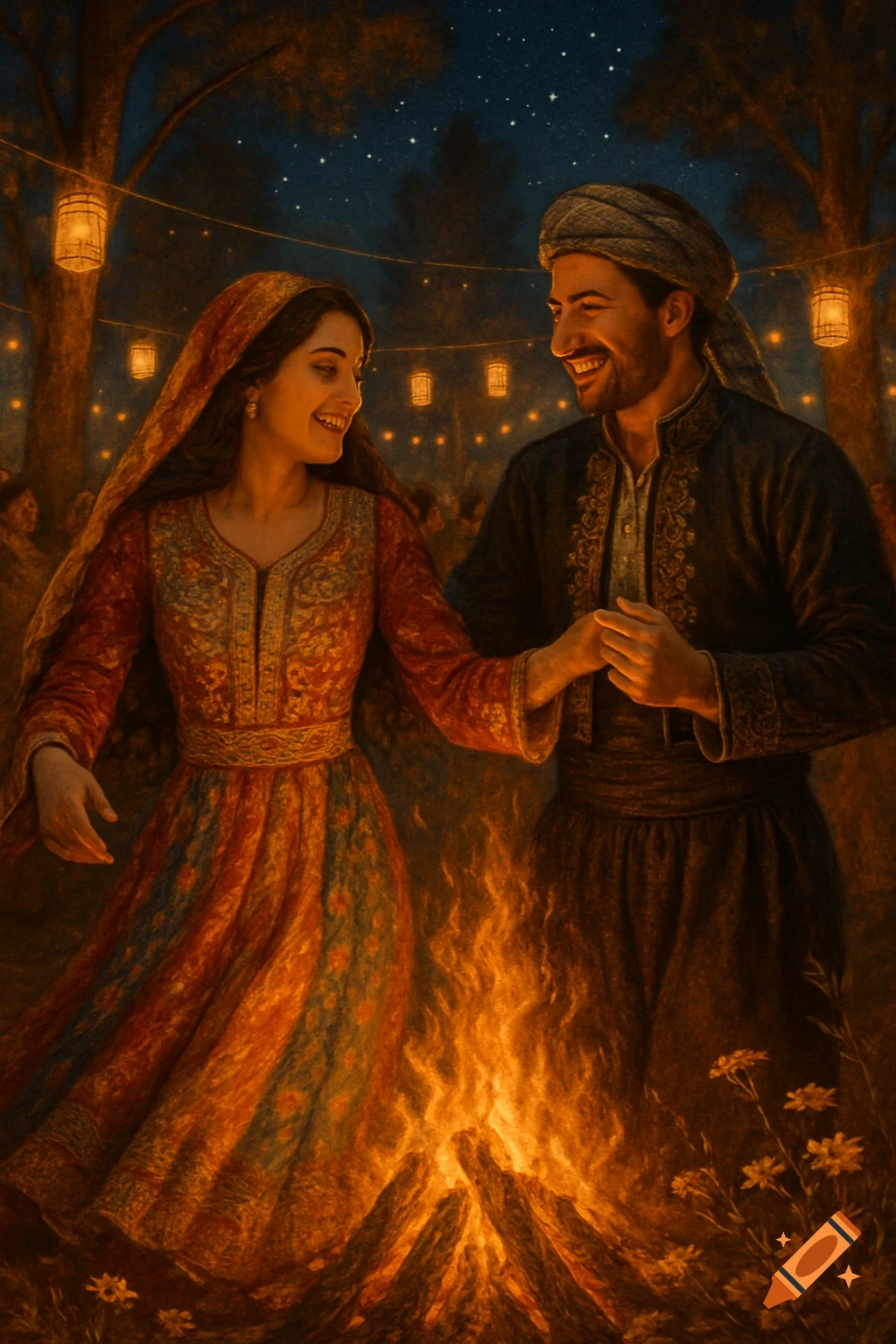 A man and woman in traditional, ornate clothing dance joyfully around a campfire under a starry night sky with lanterns.