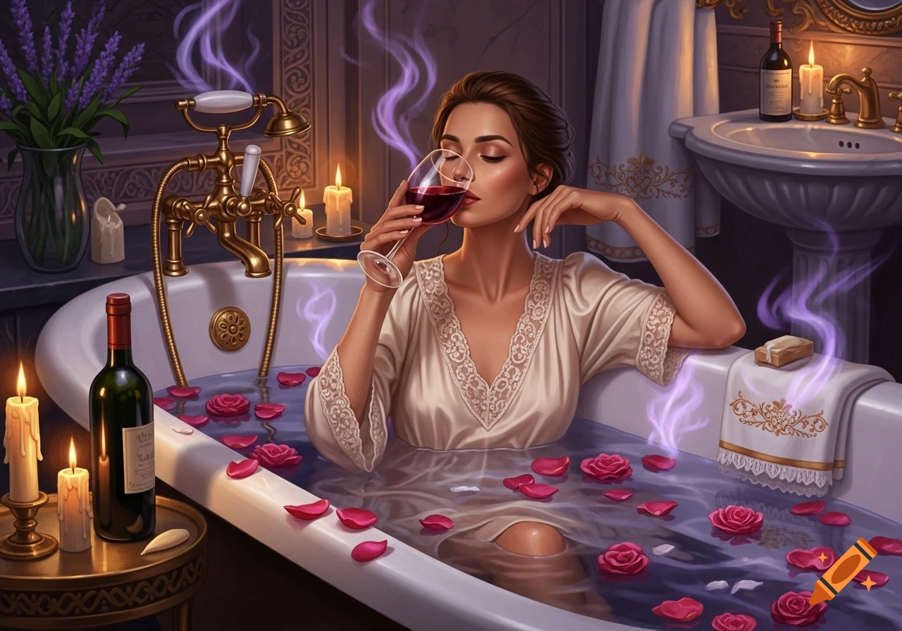 An illustration of a woman relaxing in an antique bathtub with rose petals, drinking wine, surrounded by candles and purple steam.