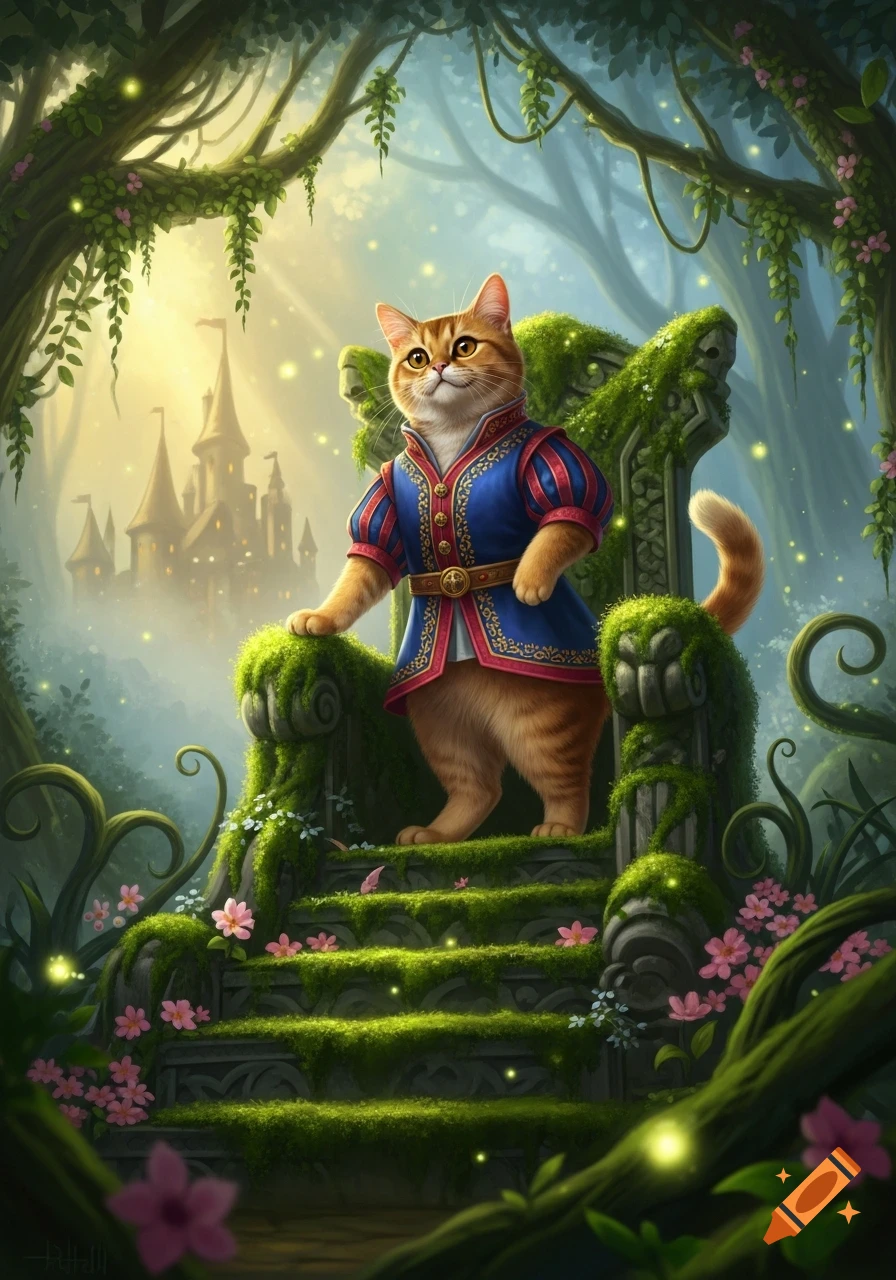 An orange cat dressed as a prince stands on moss-covered steps in an enchanted forest with a castle in the background.