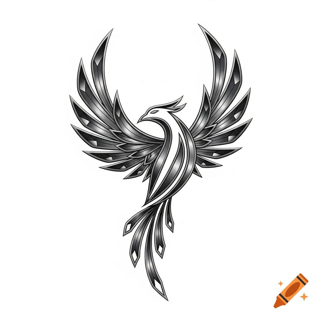 A minimalist metallic phoenix tattoo design in flight, featuring a sleek, angular silver and black design on a white background.