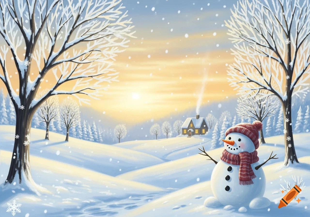 A cute snowman in a snowy winter landscape with bare trees, a distant house, and a warm sunrise.