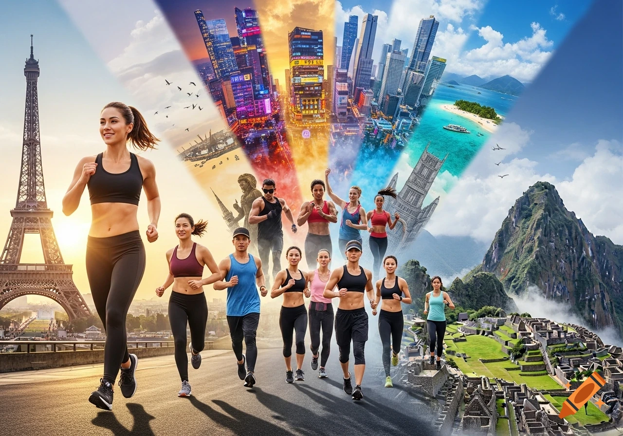 A group of diverse runners in athletic wear against a collage of global landmarks including the Eiffel Tower, city skylines, a tropical beach, and mountains.