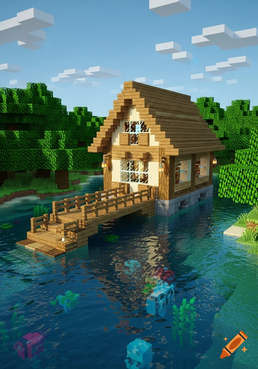 A blocky wooden house with a bridge over a clear river in a vibrant Minecraft-style landscape with green trees and white clouds.