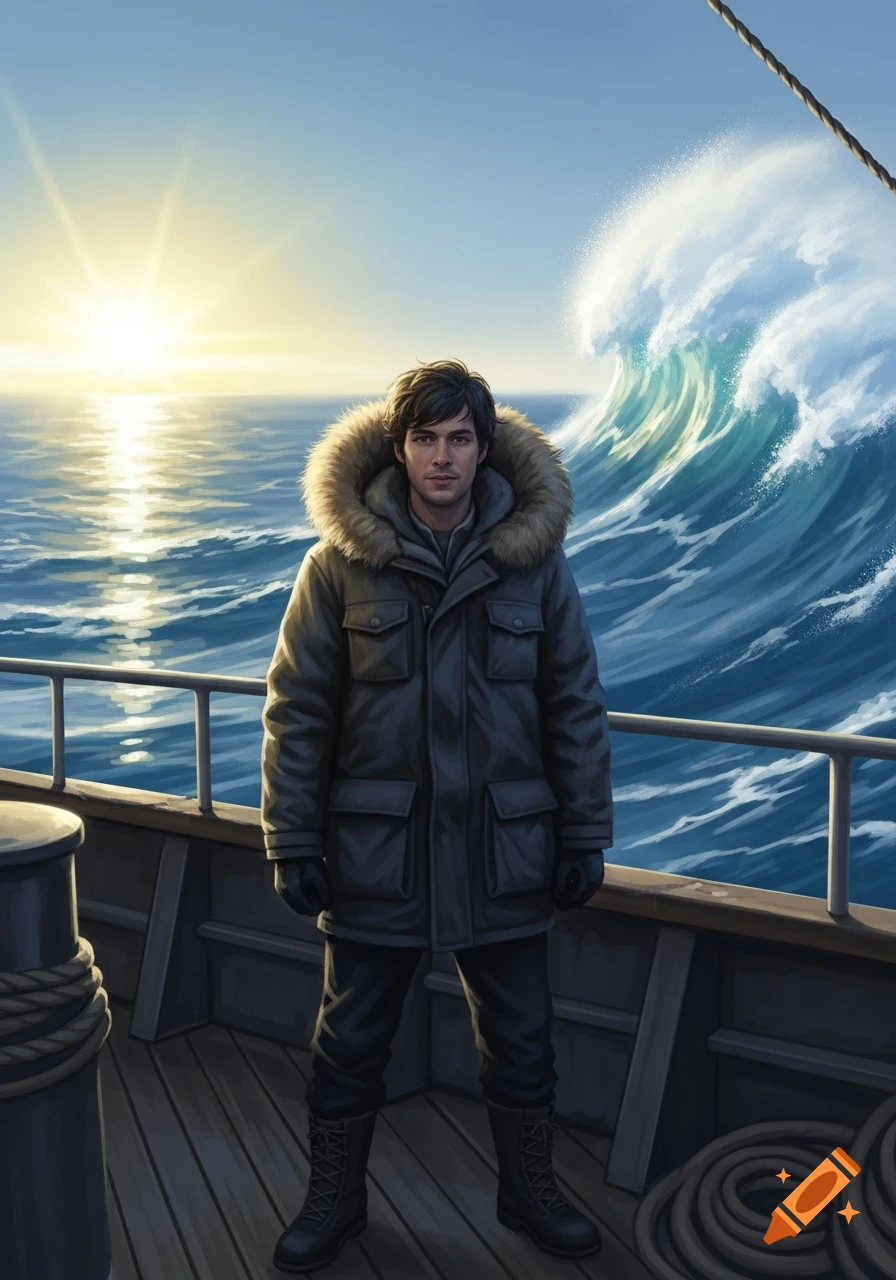 An illustrated portrait of a man in a parka standing on a boat at sea, with a large wave and setting sun in the background.