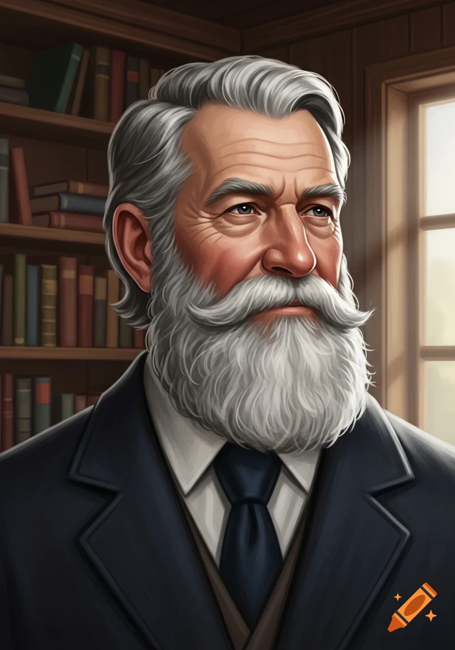 Illustrative portrait of an older man with gray hair and a long beard, wearing a dark suit and tie, in a library.