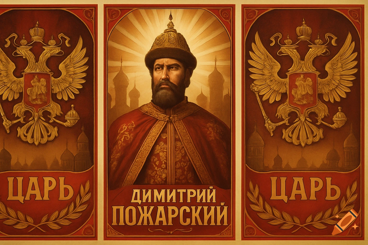 Three vintage-style Russian propaganda posters featuring a bearded tsar in red robes, flanked by double-headed eagles and Cyrillic text.
