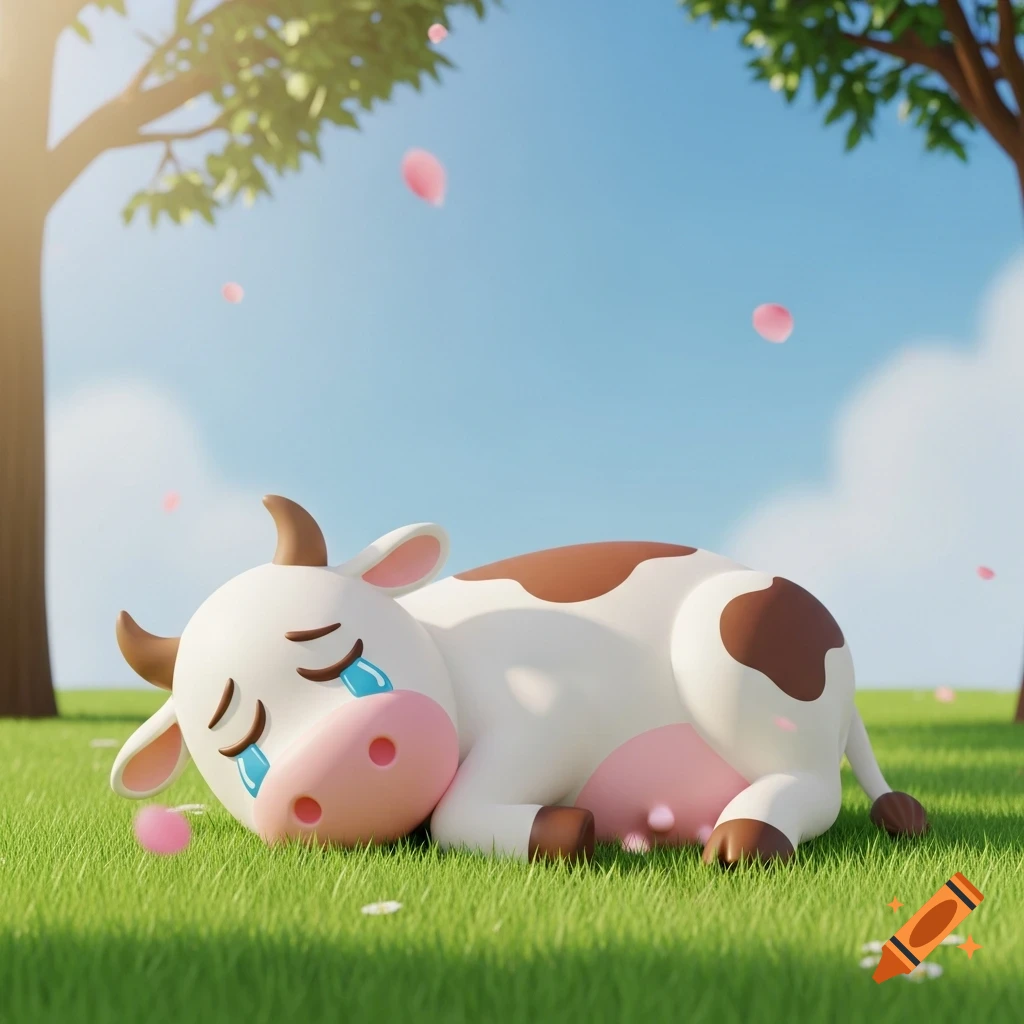 A sad cartoon cow with brown spots lies crying on lush green grass with pink petals falling around it under a blue sky.