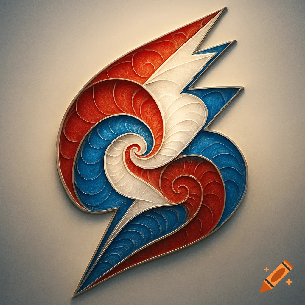 A stylized red, white, and blue emblem featuring intricate spiraling and pointed sections, resembling a nautilus shell or bolt design.