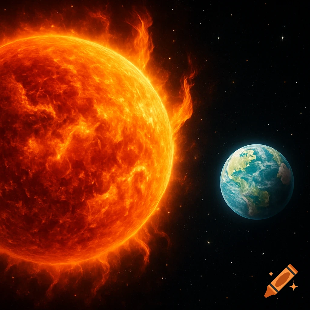 A close-up view of the fiery, glowing orange sun beside the blue and green earth in the dark expanse of space.