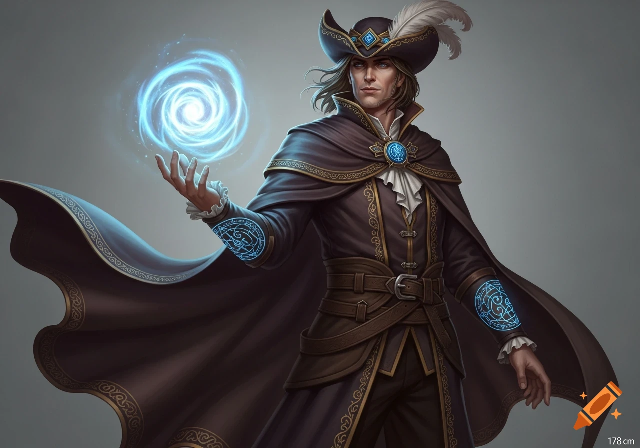 A male sorcerer in a dark, ornate cape and tricorn hat, with a white feather, stands against a grey background, holding a glowing blue swirling orb of magic in his left hand. Blue magical runes adorn his sleeves and medallion.