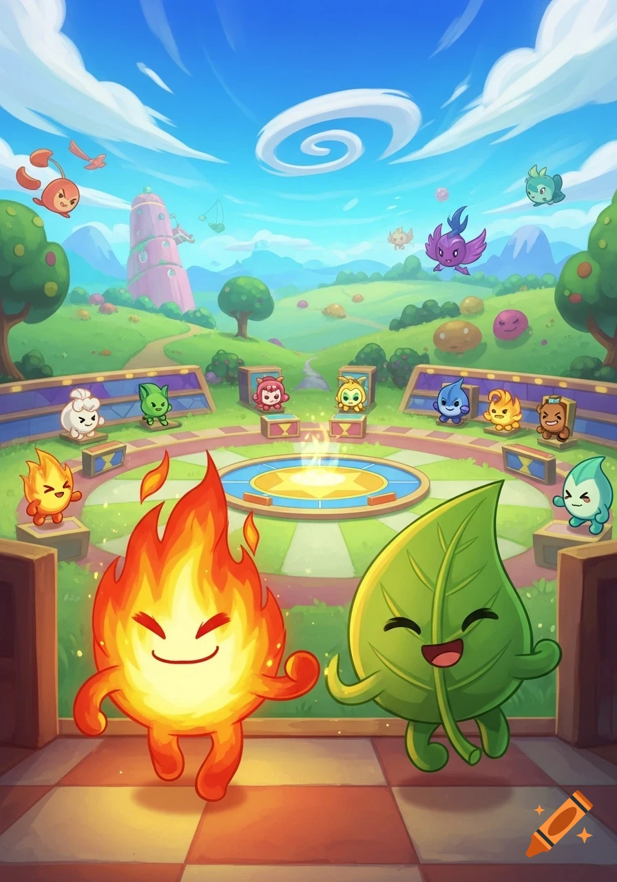Happy cartoon fire and leaf creatures in a vibrant fantasy landscape with other elemental beings and a central arena.