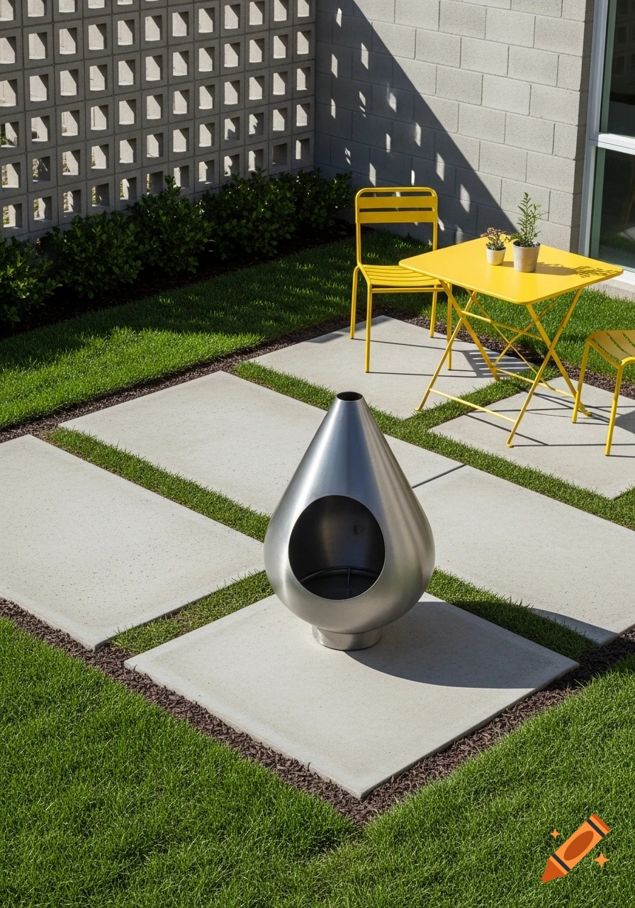 A modern patio featuring rectangular concrete pavers, green grass, a yellow metal table with chairs, a brushed gray teardrop fire pit, and a breeze block wall.
