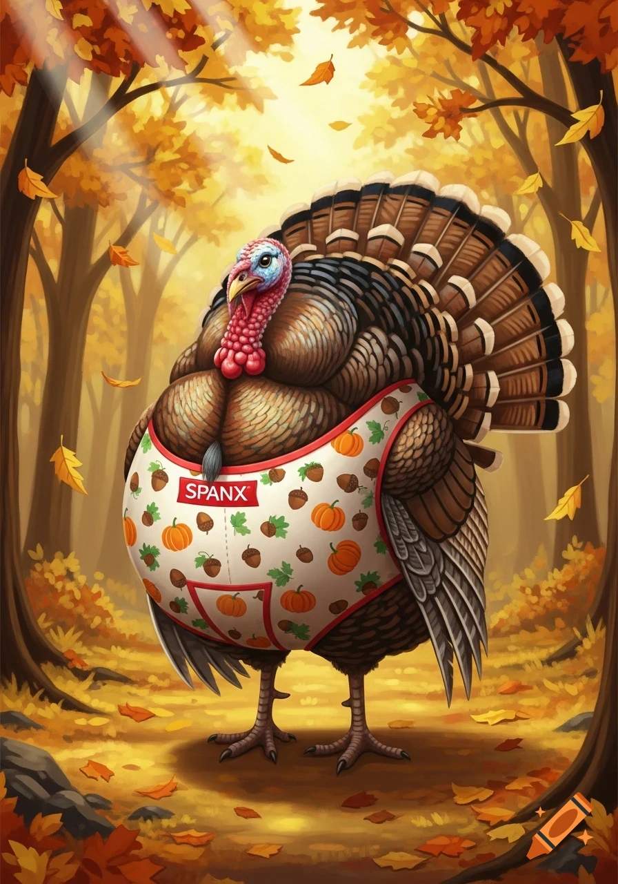 A cartoon turkey wearing white Spanx shapewear patterned with pumpkins and acorns, standing in an autumn forest.