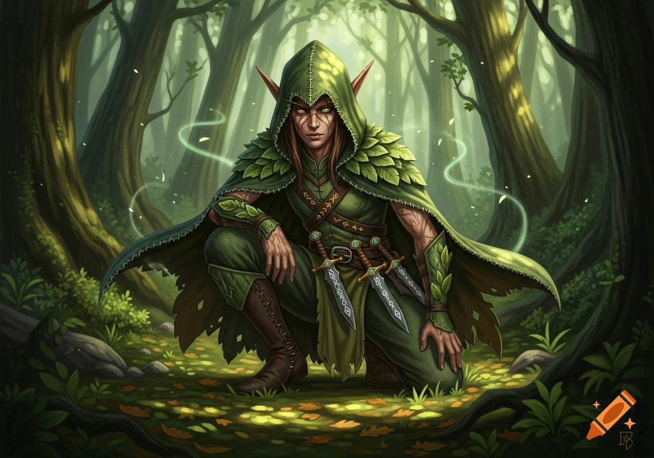 A hooded wood elf with glowing eyes and two daggers crouches in a lush, magical forest, depicted in a detailed fantasy art style.