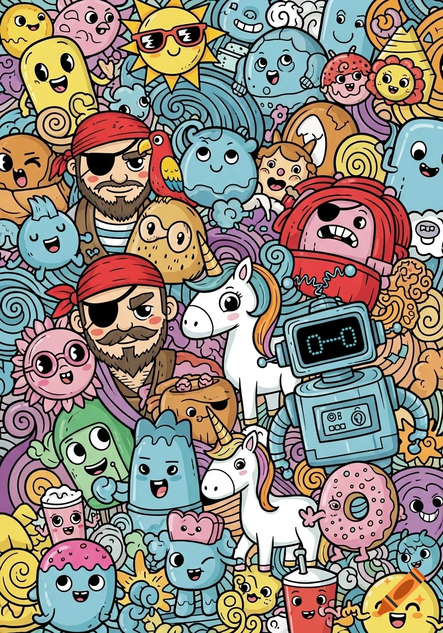 A vibrant and colorful page filled with numerous cartoon doodle characters, including pirates, unicorns, robots, and whimsical creatures.