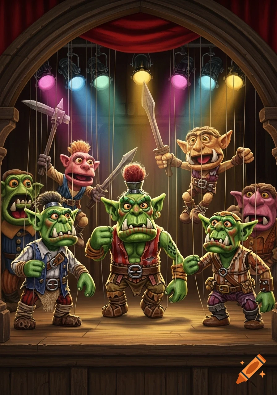 Stylized goblin and orc puppets performing on a wooden stage under colorful spotlights.