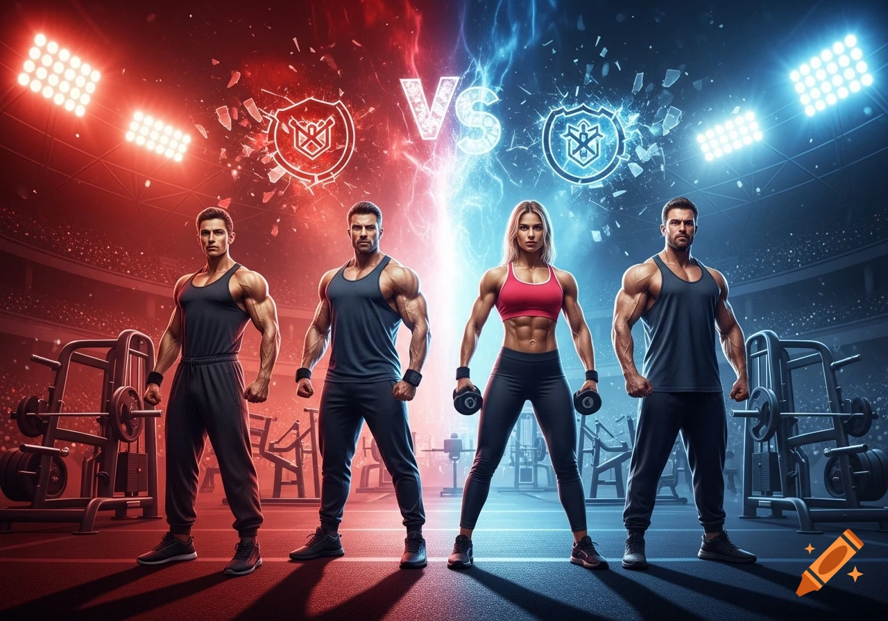 Four muscular fitness competitors, two men and one woman, stand under stadium lights in a gym with a 'VS' sign.