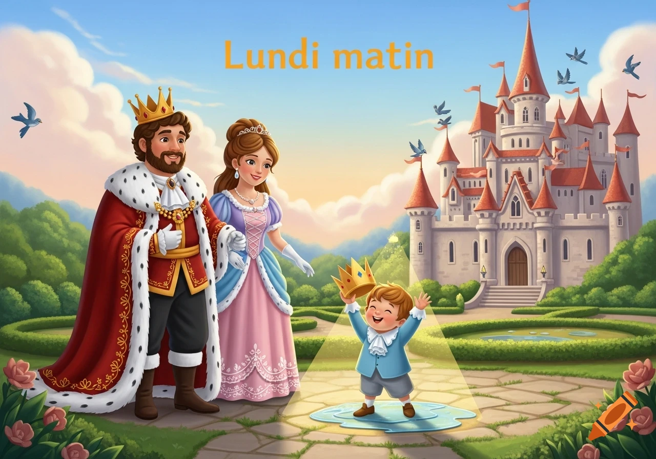 Illustration of a king, queen, and happy little prince holding a crown in front of a castle, with text "Lundi matin".