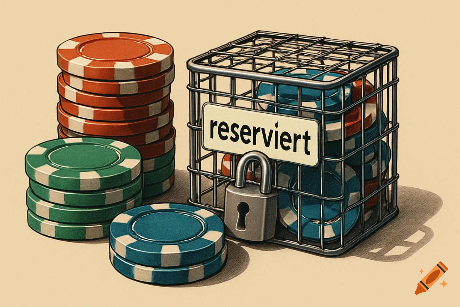 Illustration of stacks of red, green, and blue casino chips, with some blue and red chips locked in a metal cage labeled "reserviert" (reserved).