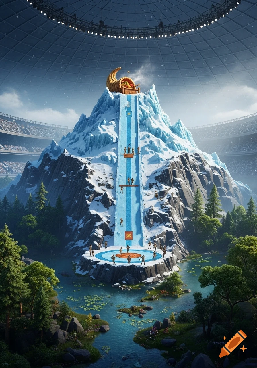 A vast indoor arena features a snowy mountain with a cornucopia at its peak, a blue slide, tiny figures, and a forest leading to a lake.