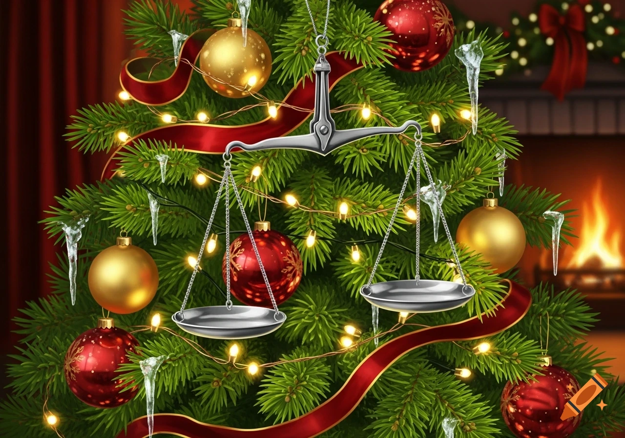 A festive Christmas tree adorned with red and gold ornaments, string lights, icicles, and a silver scales of justice. A warm fireplace glows in the background.