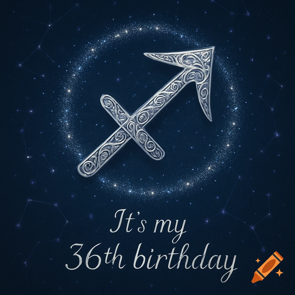 Ornate silver Sagittarius zodiac symbol on a dark blue starry background, with the text 'It's my 36th birthday'.
