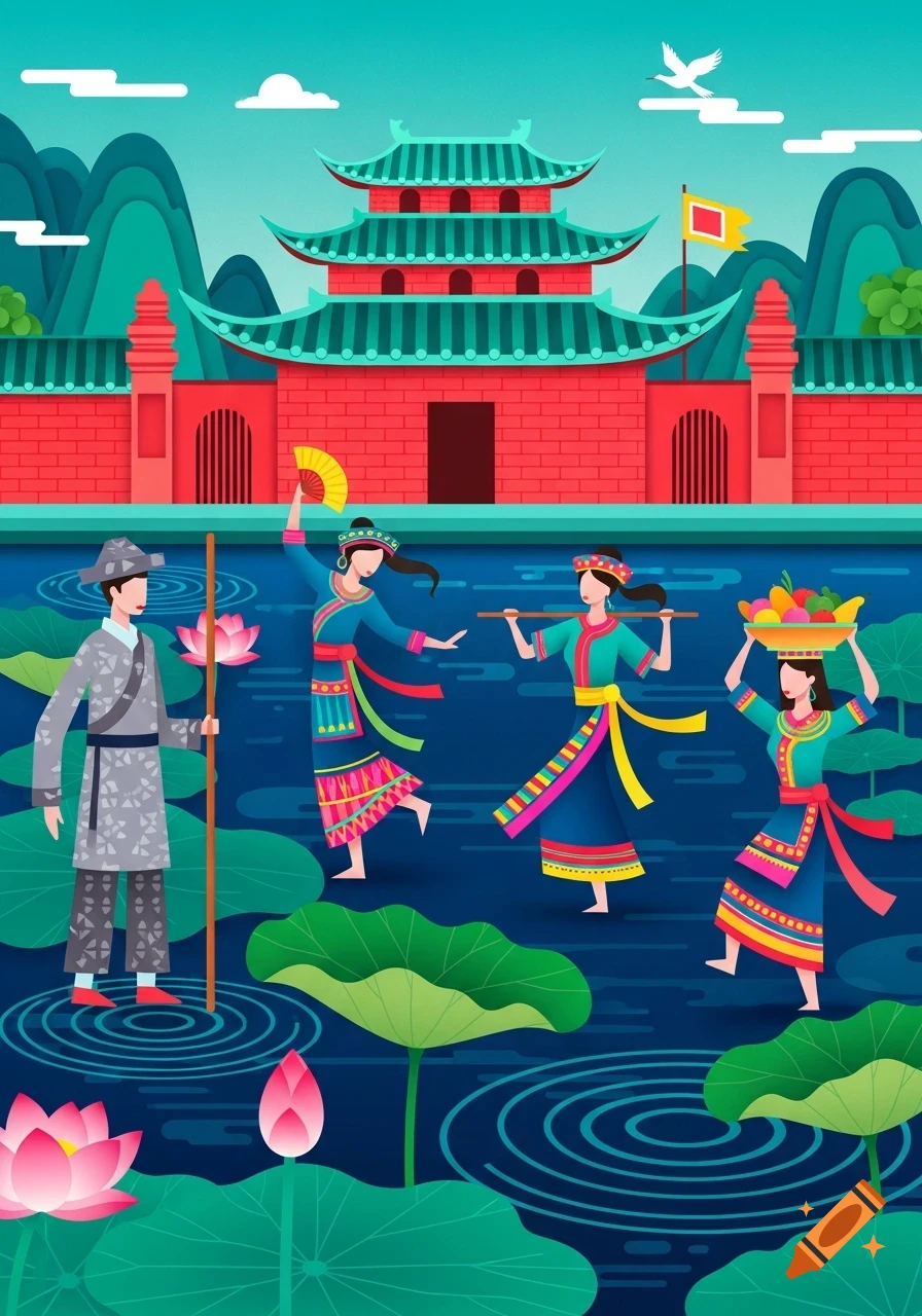 Paper-cut style illustration of four people in traditional Asian clothing on a lotus pond with a red temple and green mountains.