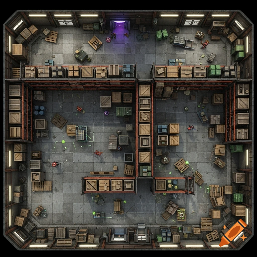 Top-down view of a futuristic warehouse battlemap with crates, storage shelves, and small figures.