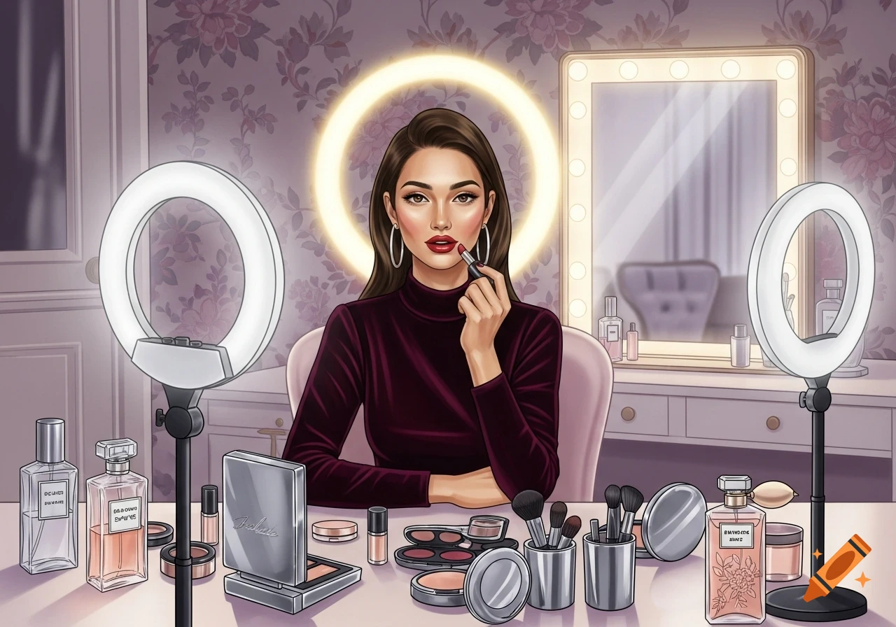 An illustration of a woman in a plum top applying red lipstick at a vanity table surrounded by makeup, perfume, and ring lights.