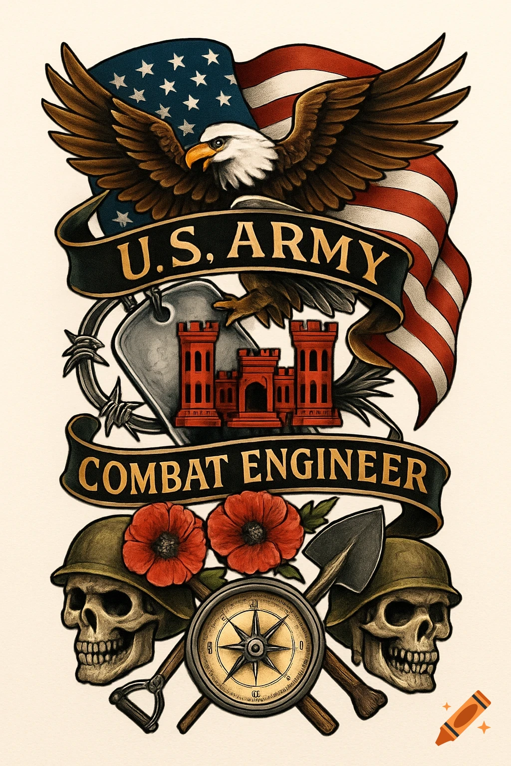 Stylized U.S. Army Combat Engineer emblem with a bald eagle, American flag, castles, poppies, compass, tools, and skulls in helmets.