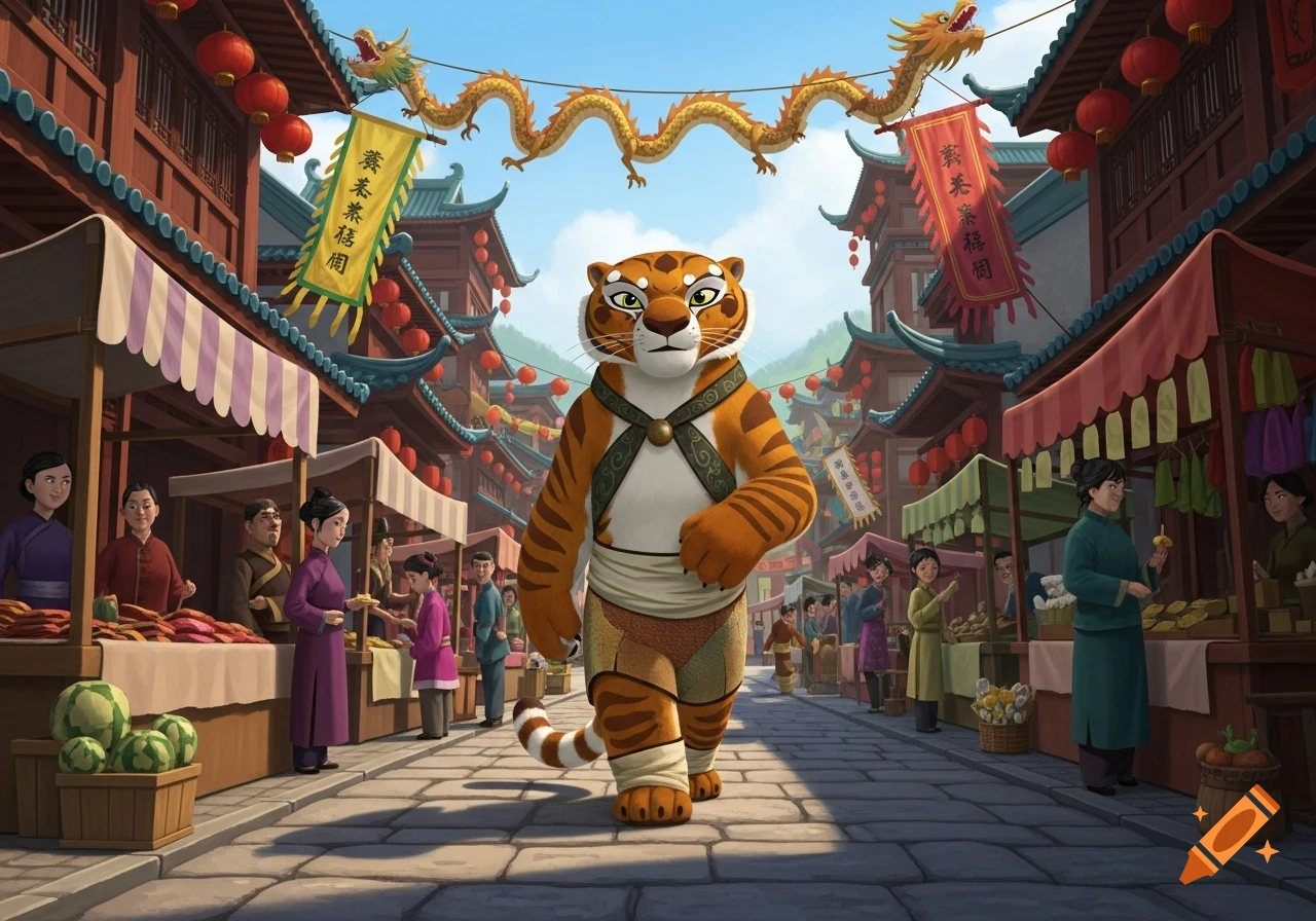 Tigress from Kung Fu Panda walks through a bustling Chinese-style marketplace under a golden dragon banner.