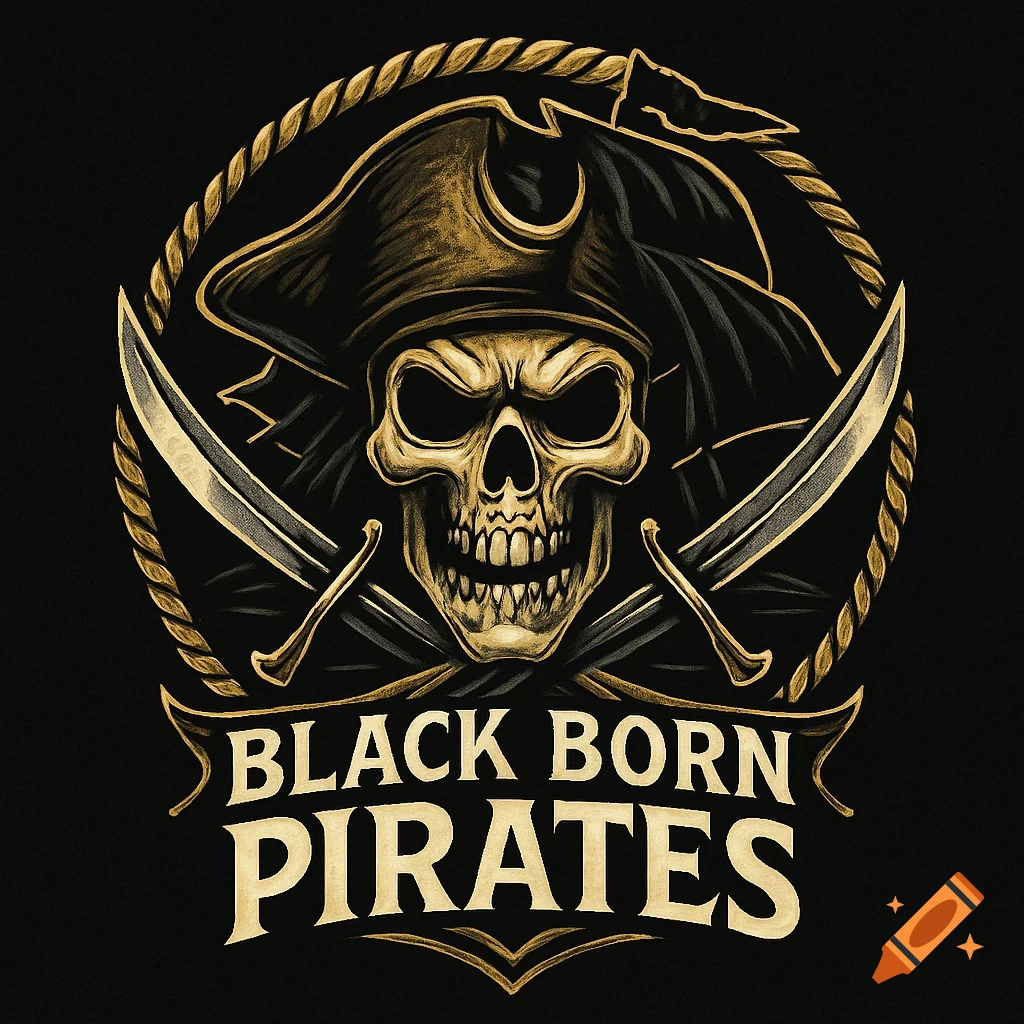 A gold and black pirate logo features a grinning skull in a tricorn hat, crossed sabers, and rope, with 'BLACK BORN PIRATES' text.