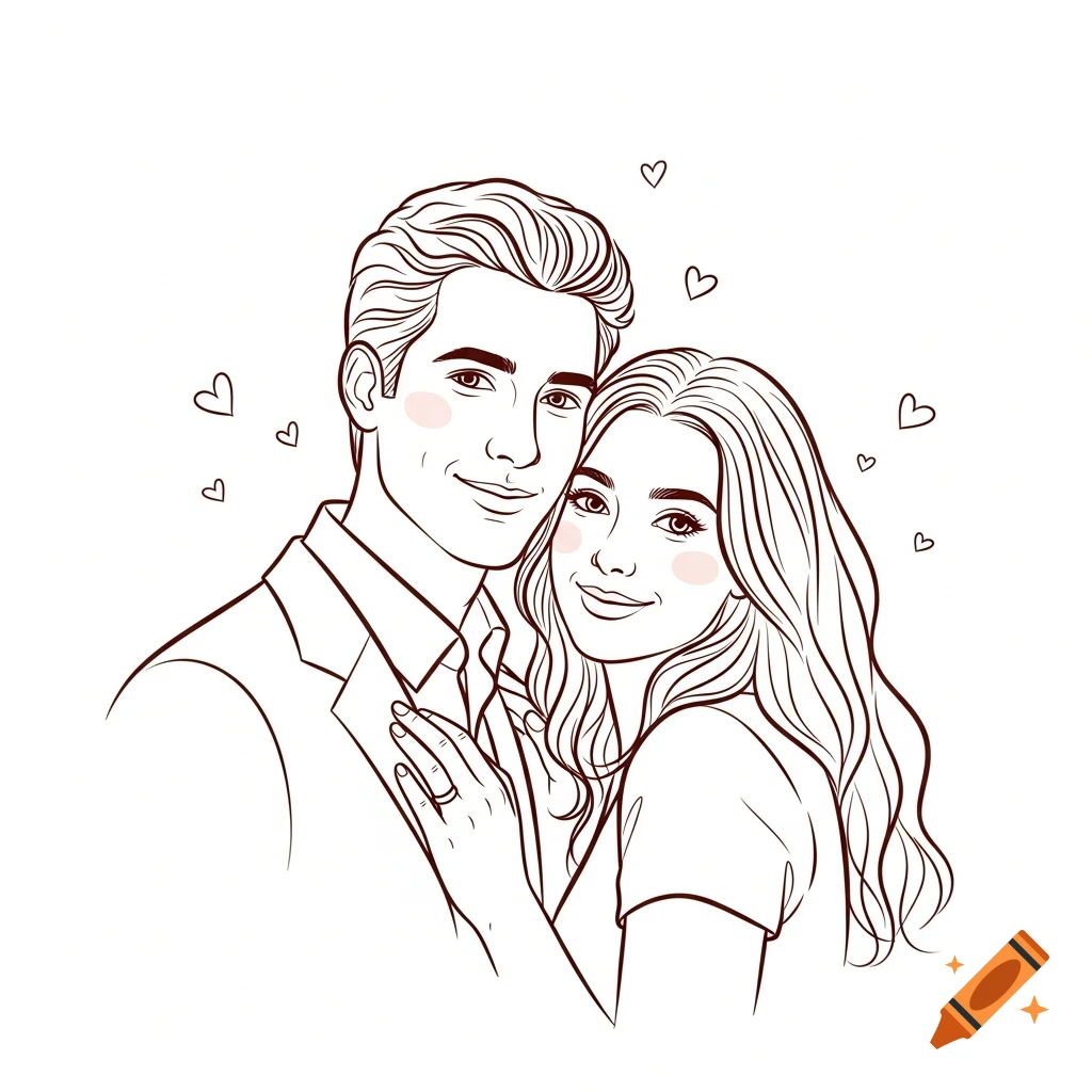 Line art illustration of a smiling couple embracing, with small hearts surrounding them.