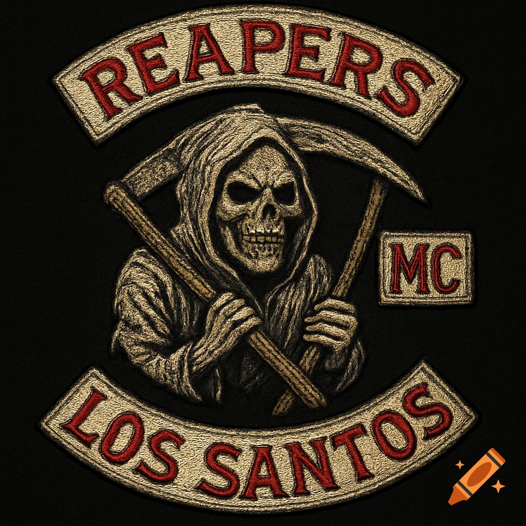 Vintage embroidered motorcycle club patch with a menacing skull holding scythes, "REAPERS MC" at top, "LOS SANTOS" at bottom.