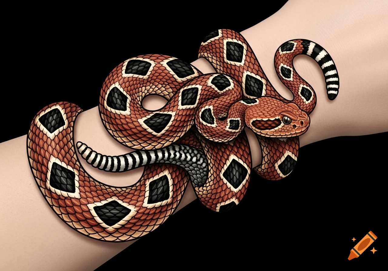 A detailed Red Diamond Rattlesnake with black diamond blotches and a banded tail, coiled around a wrist in a vector art style.