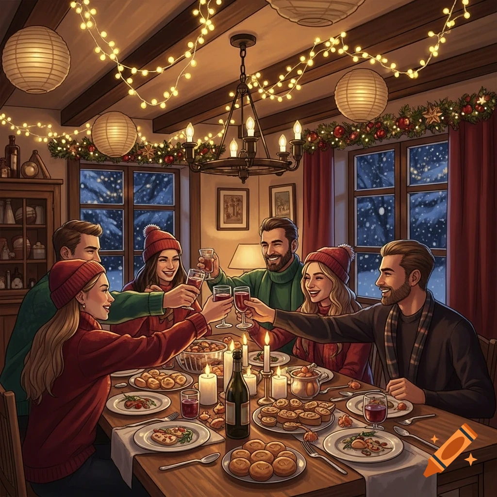 Six friends in a warmly lit, decorated dining room toast with drinks during a holiday celebration on a snowy night.
