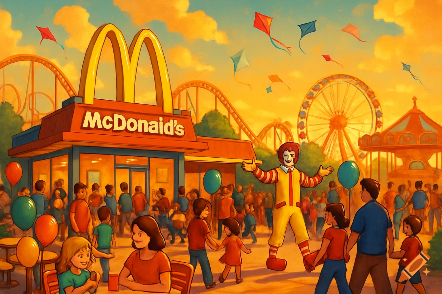 A vibrant, stylized illustration of a McDonald's restaurant at a busy theme park, with Ronald McDonald, people, and kites under a golden sky.