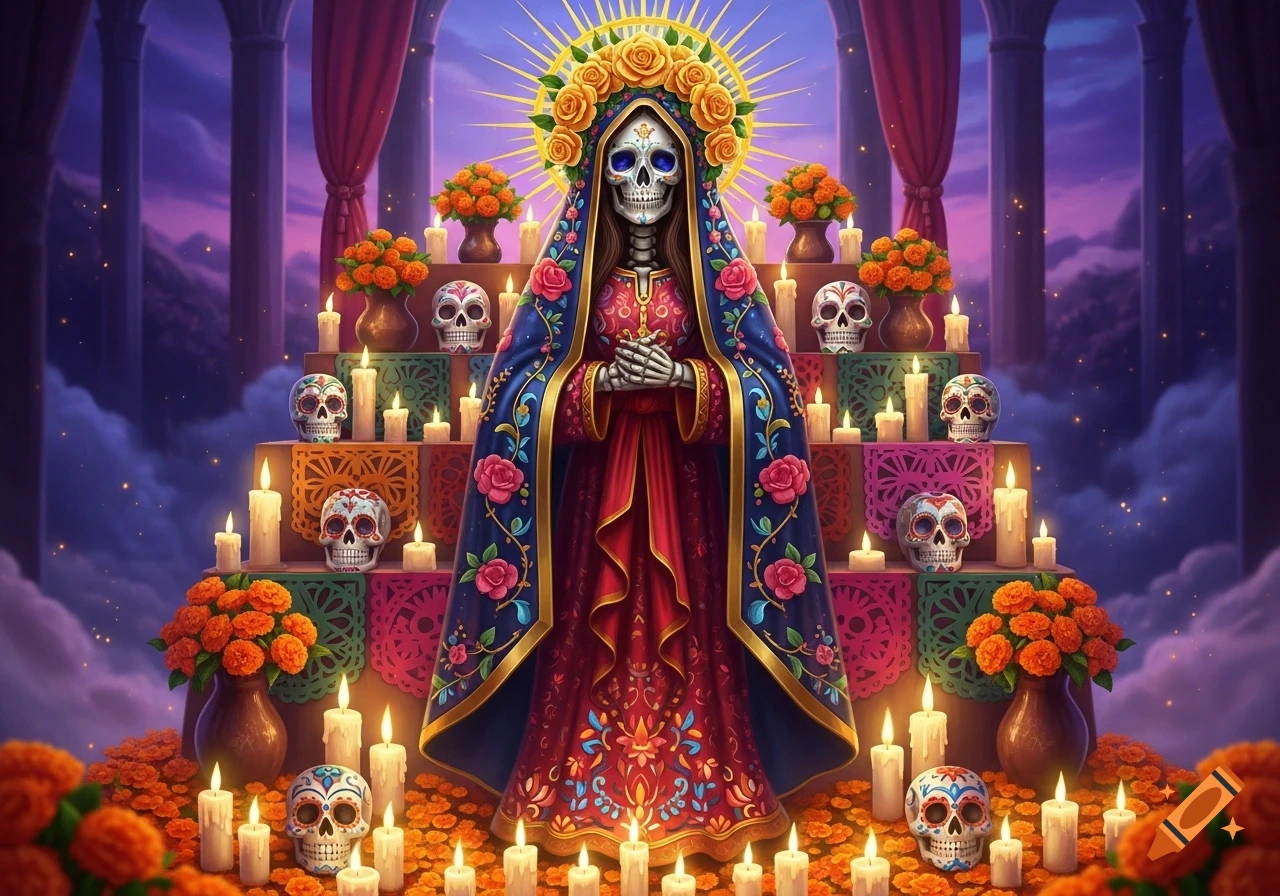 Skeletal figure in a blue and red robe with a marigold halo, surrounded by lit candles, marigolds, and sugar skulls on a festive altar.