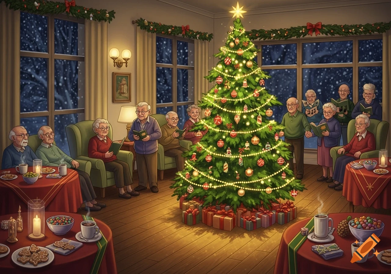 Illustrated scene of elderly people singing carols and celebrating Christmas around a decorated tree in a cozy room with snow falling outside.