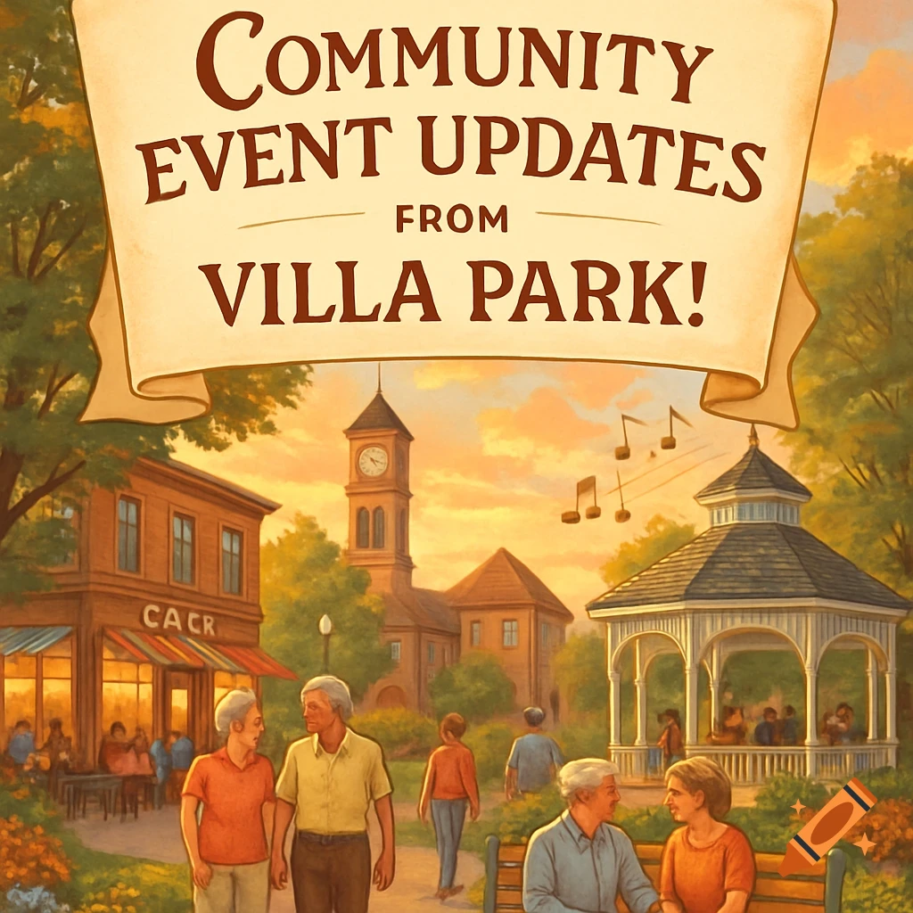 Illustration of a vibrant town square at sunset with a banner reading "Community Event Updates from Villa Park!". People walk and sit on benches near a cafe, a gazebo, and a clock tower.